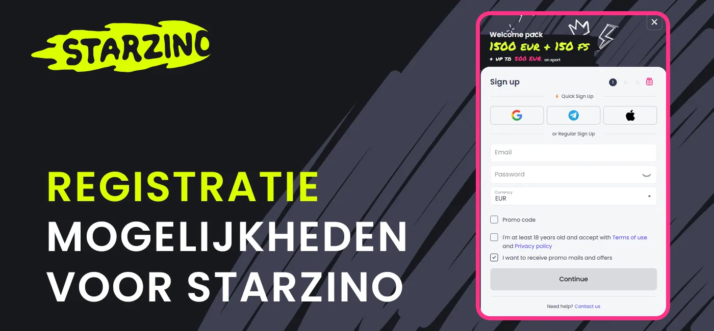 Beschikbare registratieopties bij Starzino 2025